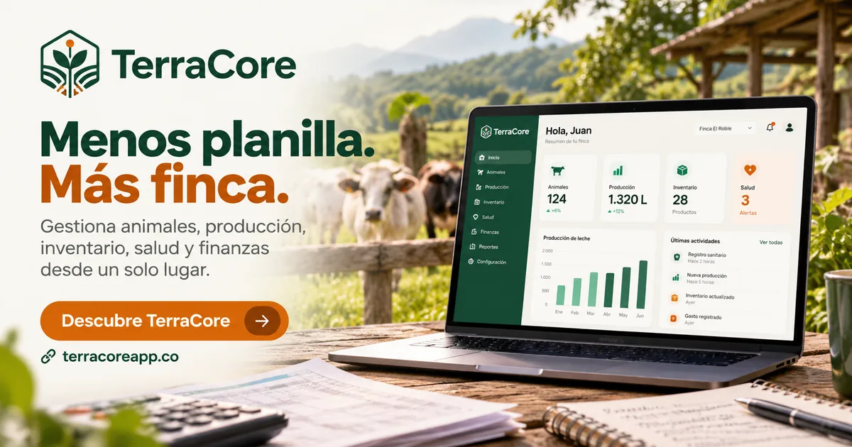 Dashboard de TerraCore: métricas en tiempo real, gráficas de producción y distribución de ganado